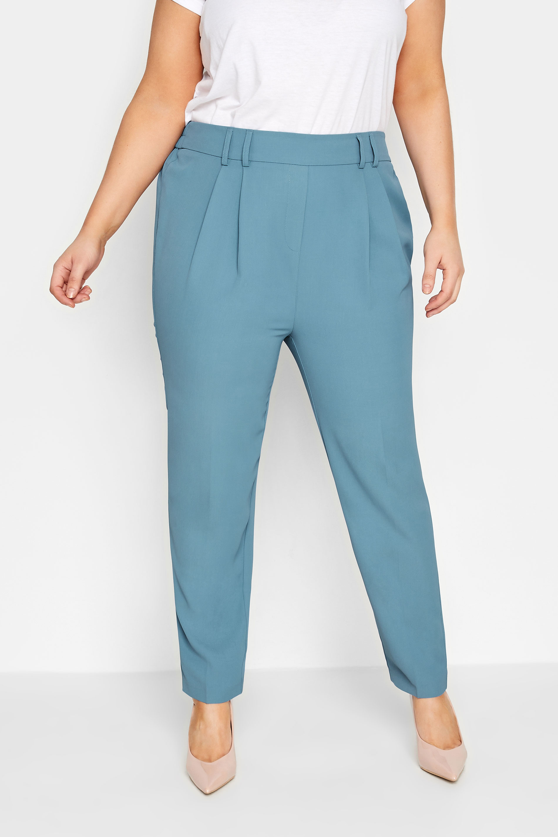 Yours YOURS Curve Blue Double Belted Tapered Trousers