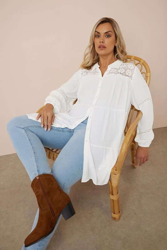 Yours YOURS Curve White Tiered Crochet Detail Shirt
