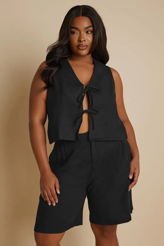 Yours YOURS Curve Black Cropped Bow Tie Front Linen Waistcoat