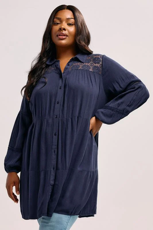 Yours YOURS Curve Navy Blue Tiered Crochet Detail Shirt