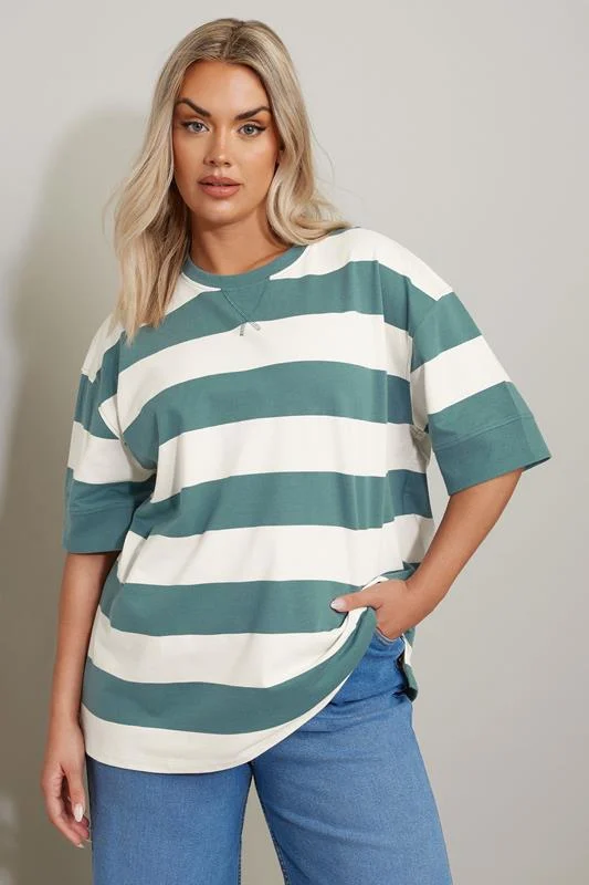 Yours YOURS Curve Teal Blue & White Stripe Short Sleeve Sweatshirt