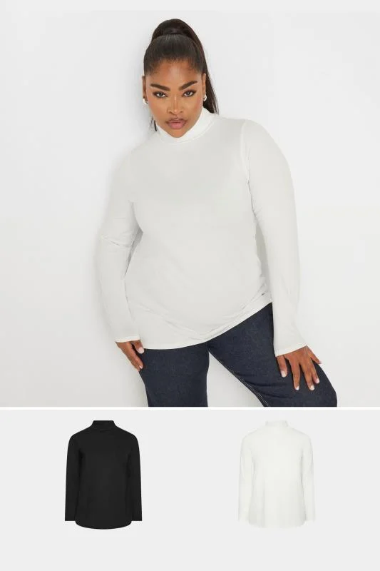 Yours YOURS Curve 2 PACK White & Black Long Sleeve Turtle Neck Tops