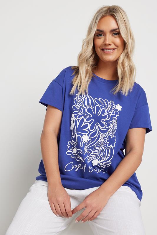 Yours YOURS Curve Blue 'Coastal Garden' Graphic Print T-Shirt