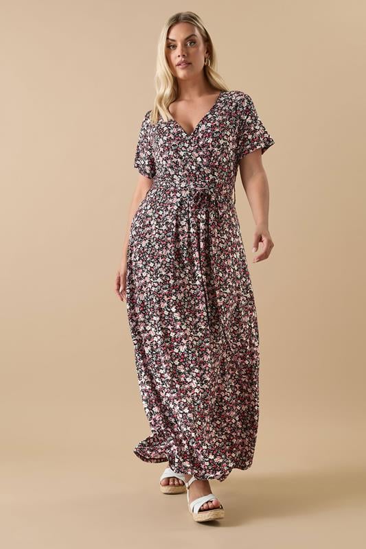 Yours YOURS Curve Black Ditsy Floral Print Maxi Wrap Dress