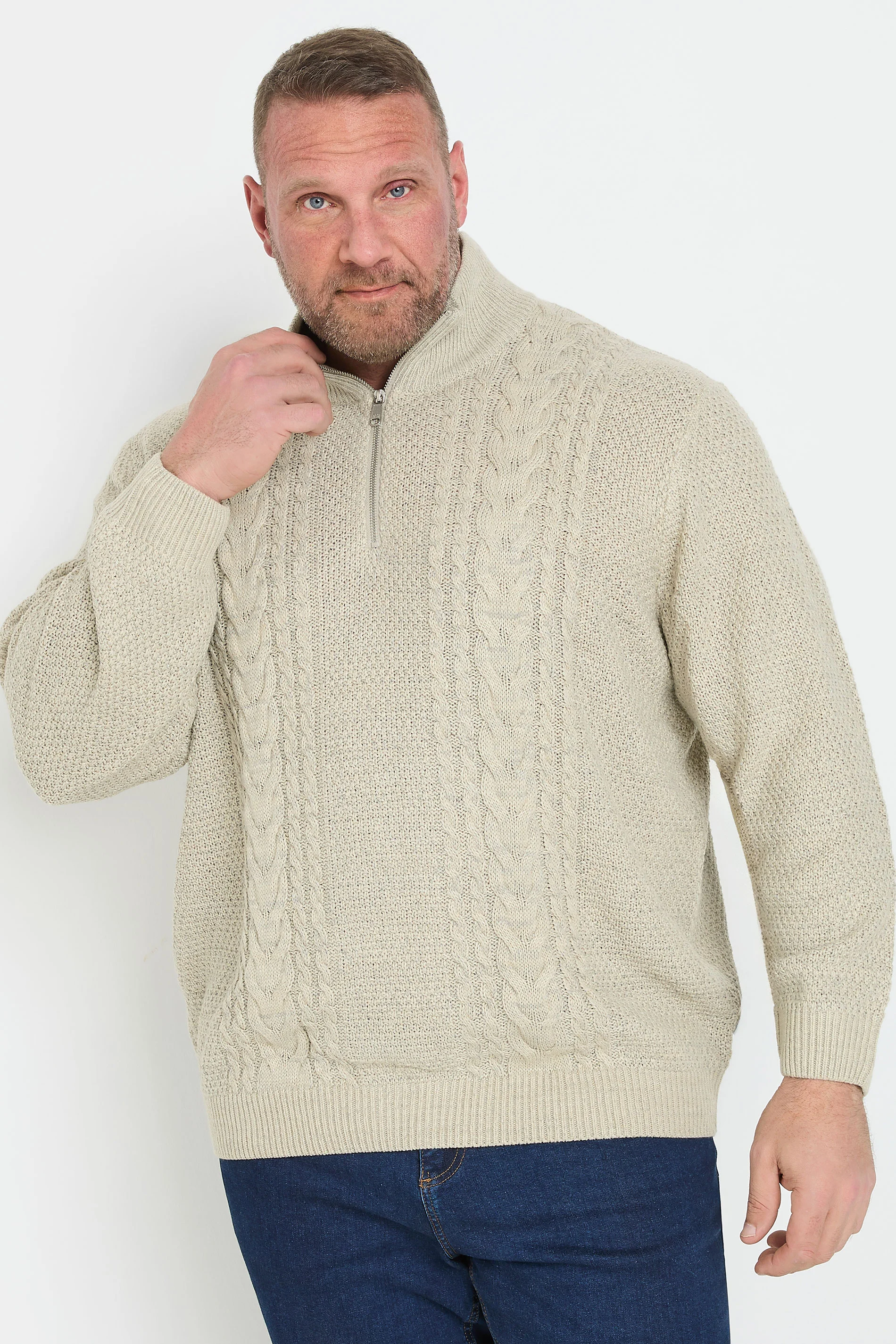Jack & Jones JACK & JONES Big & Tall Natural Cream Half Zip Cable Knit Jumper