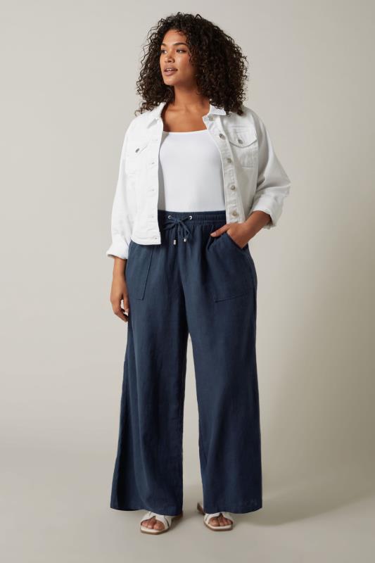 Evans EVANS Curve Navy Blue Linen Wide Leg Trousers