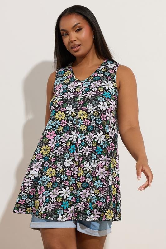 Yours YOURS Curve Black Daisy Print Pleated Swing Vest Top