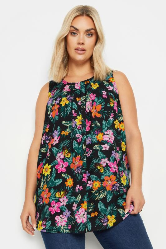 Yours YOURS Curve Black Tropical Print Pleated Vest Top