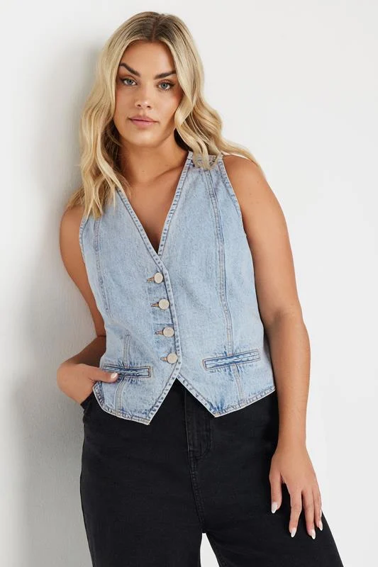 Yours YOURS Curve Light Blue Wash Denim Waistcoat