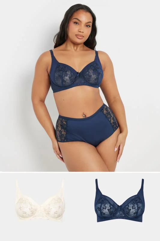 Yours YOURS 2 Pack Navy Blue & White Floral Embroidered Underwired Bras