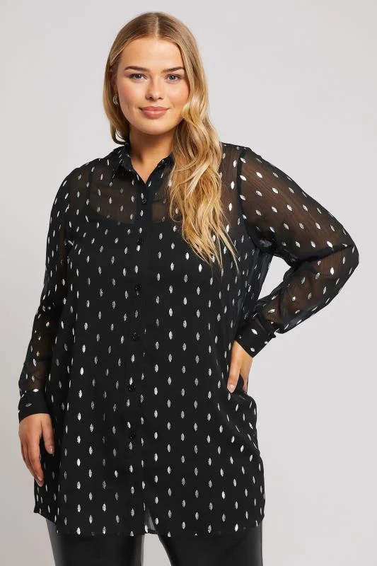 Yours London YOURS LONDON Curve Black Metallic Foil Crinkle Shirt