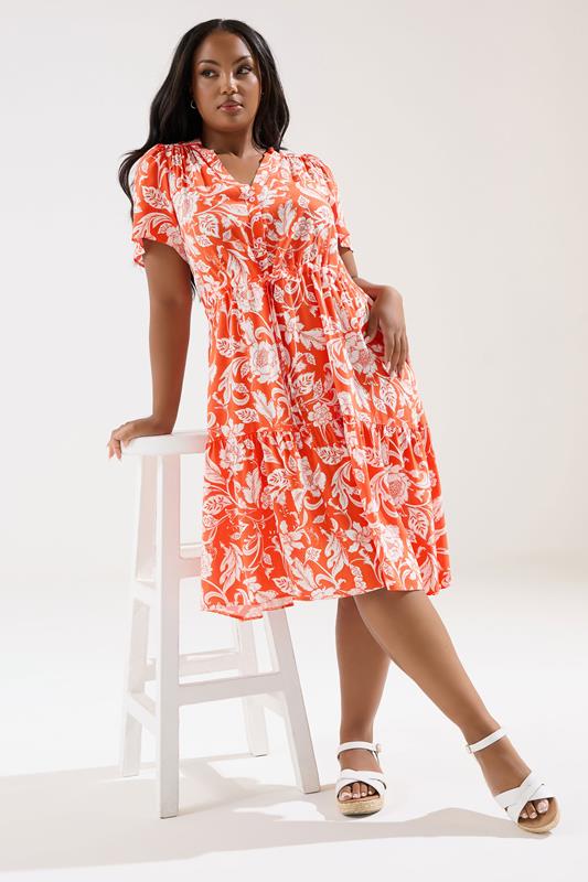 Yours YOURS Curve Orange Floral Tiered Midi Dress
