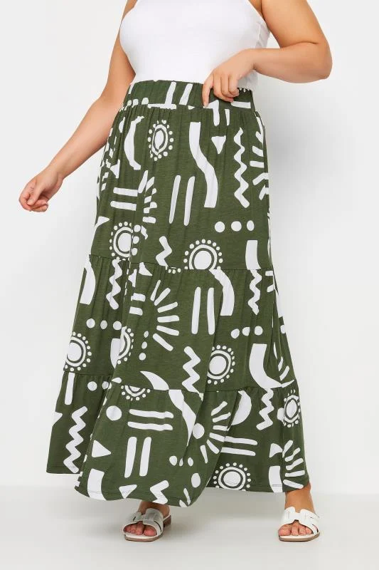 Yours YOURS Curve Green Abstract Print Tiered Maxi Skirt