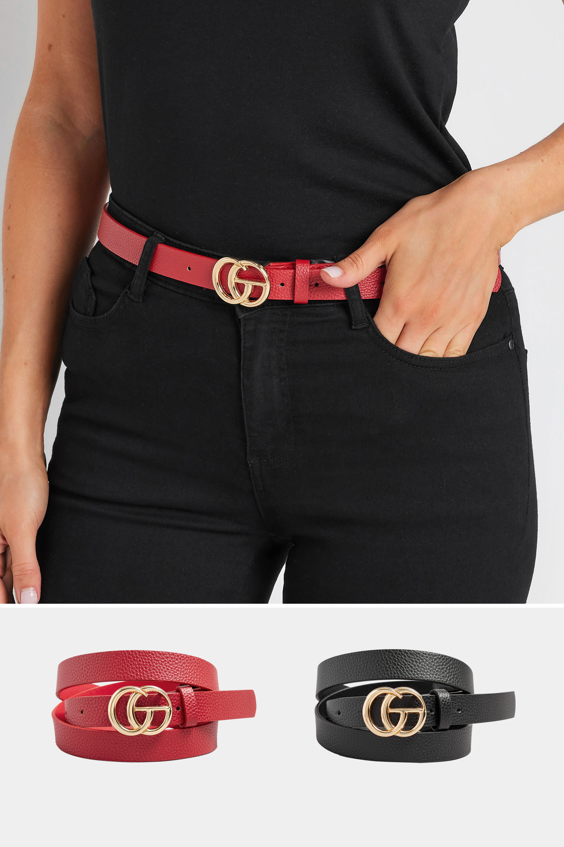 LTS LTS 2 Pack Black & Red Gold Tone Buckle Belts
