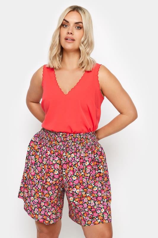 Yours YOURS Curve Pink Ditsy Floral Print Shirred Shorts