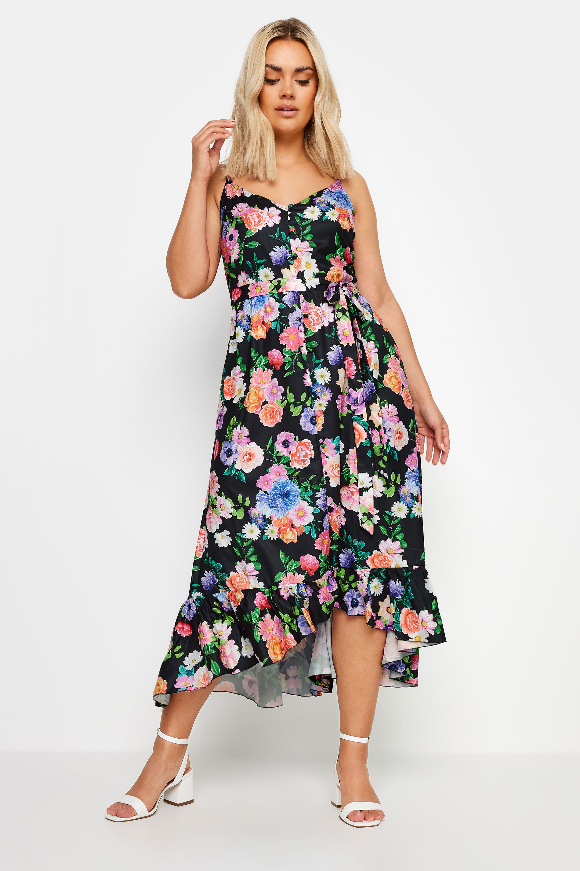 Yours YOURS Curve Black Floral Print Frill Hem Dress