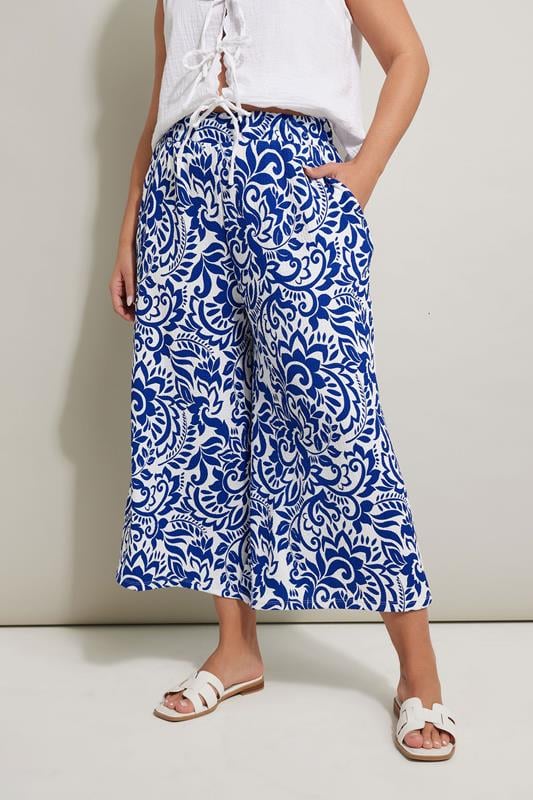 Yours YOURS Curve Blue Abstract Floral Textured Midaxi Culottes