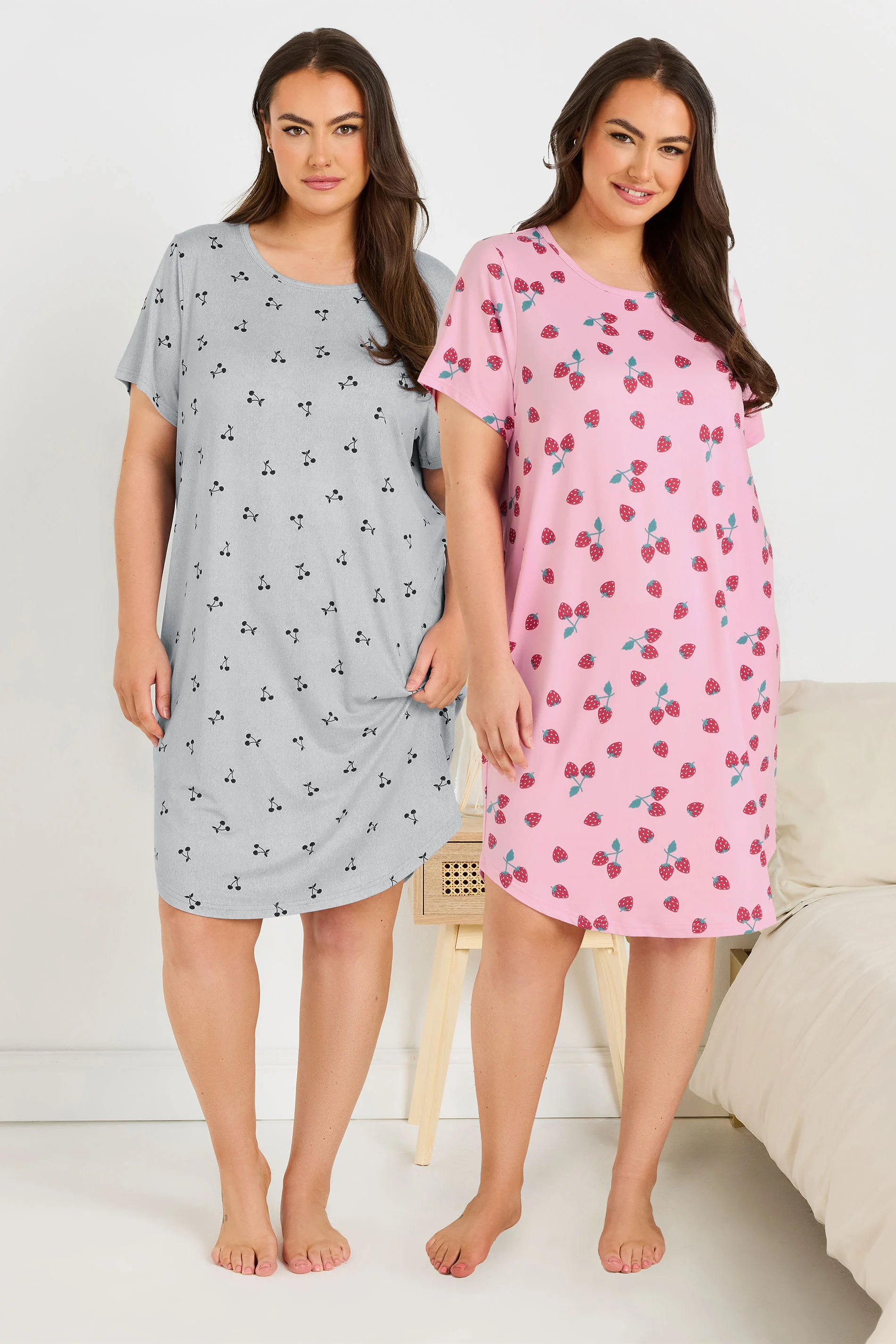 Yours YOURS Curve 2 PACK Pink & Grey Fruit Print Soft Touch Nightdresses