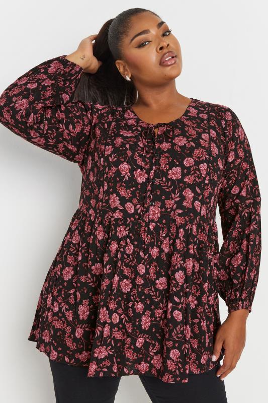 Yours YOURS Curve Black Floral Print Long Sleeve Tie Neck Blouse