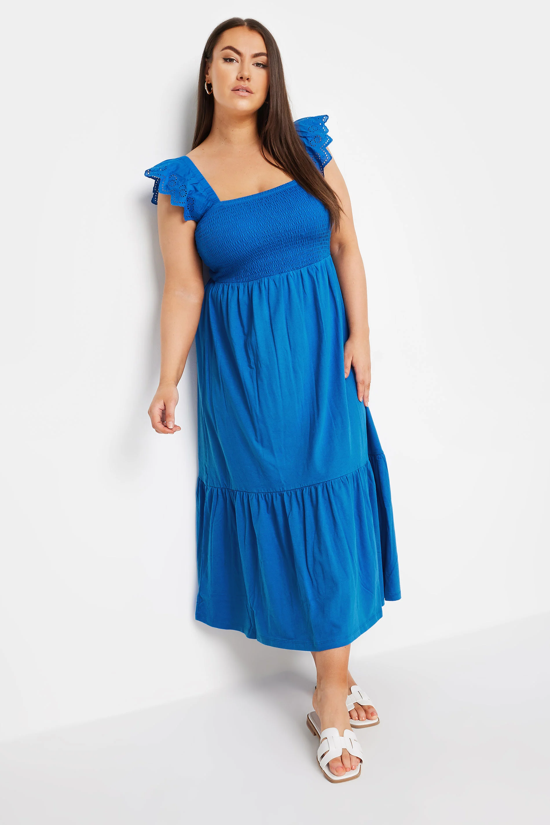 Yours YOURS Curve Blue Frill Sleeve Shirred Midaxi Dress