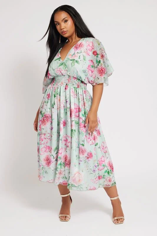 Yours London YOURS LONDON Curve Light Blue Floral Metallic Shirred Dress