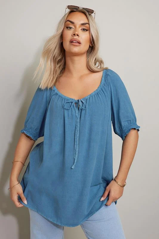 Yours YOURS Curve Blue Chambray Tie Neck Top