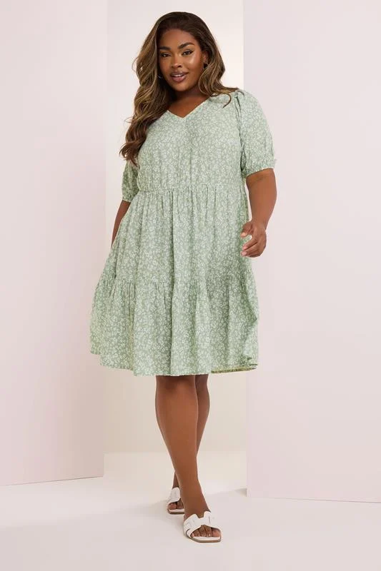 Yours YOURS Curve Sage Green Ditsy Floral Print Tiered Mini Dress