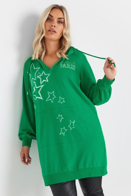 Yours YOURS Curve Green 'Paris' Star Print Longline Hoodie