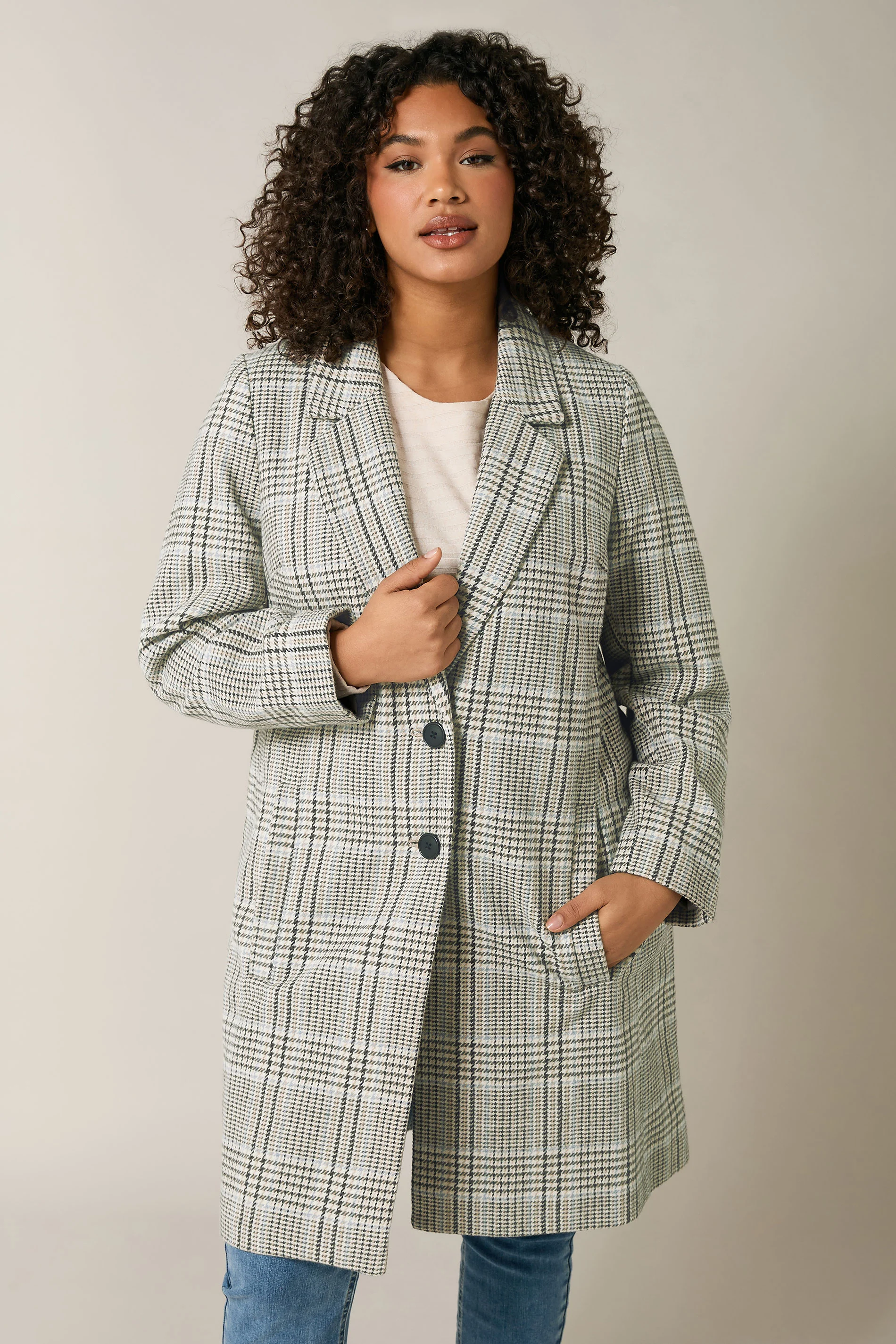 Evans Evans Natural Brown Checked Button Detail Blazer