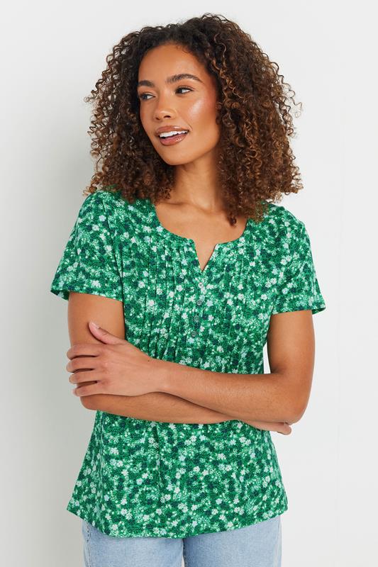 M&Co Womens M&Co Green Floral Cotton Short Sleeve Henley Top