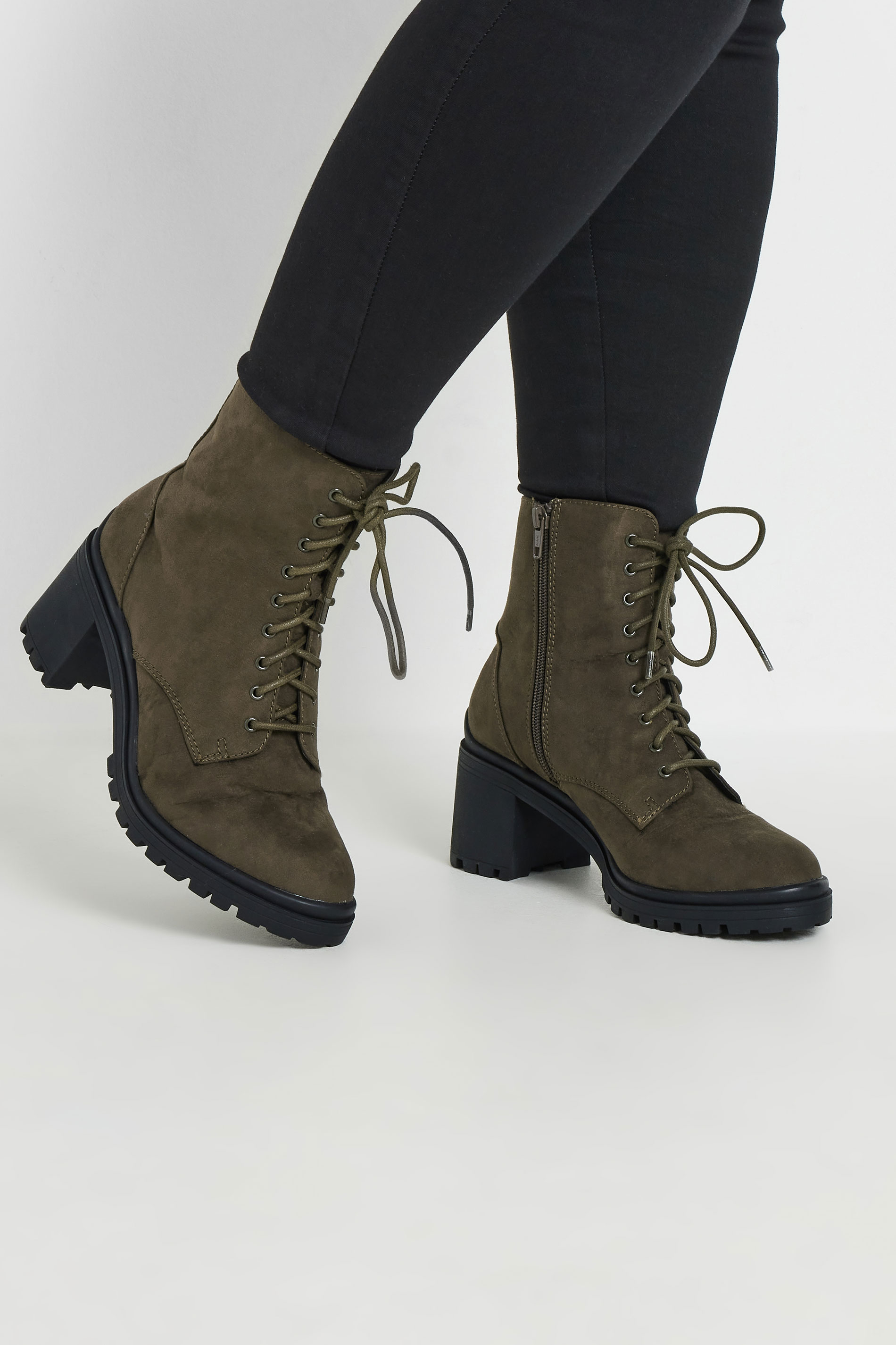 Evans Evans Khaki Green Heeled Detail Hiker Boot