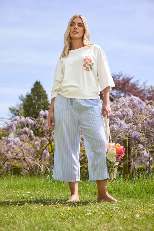 Yours YOURS Curve Light Blue Stripe Linen Cropped Trousers