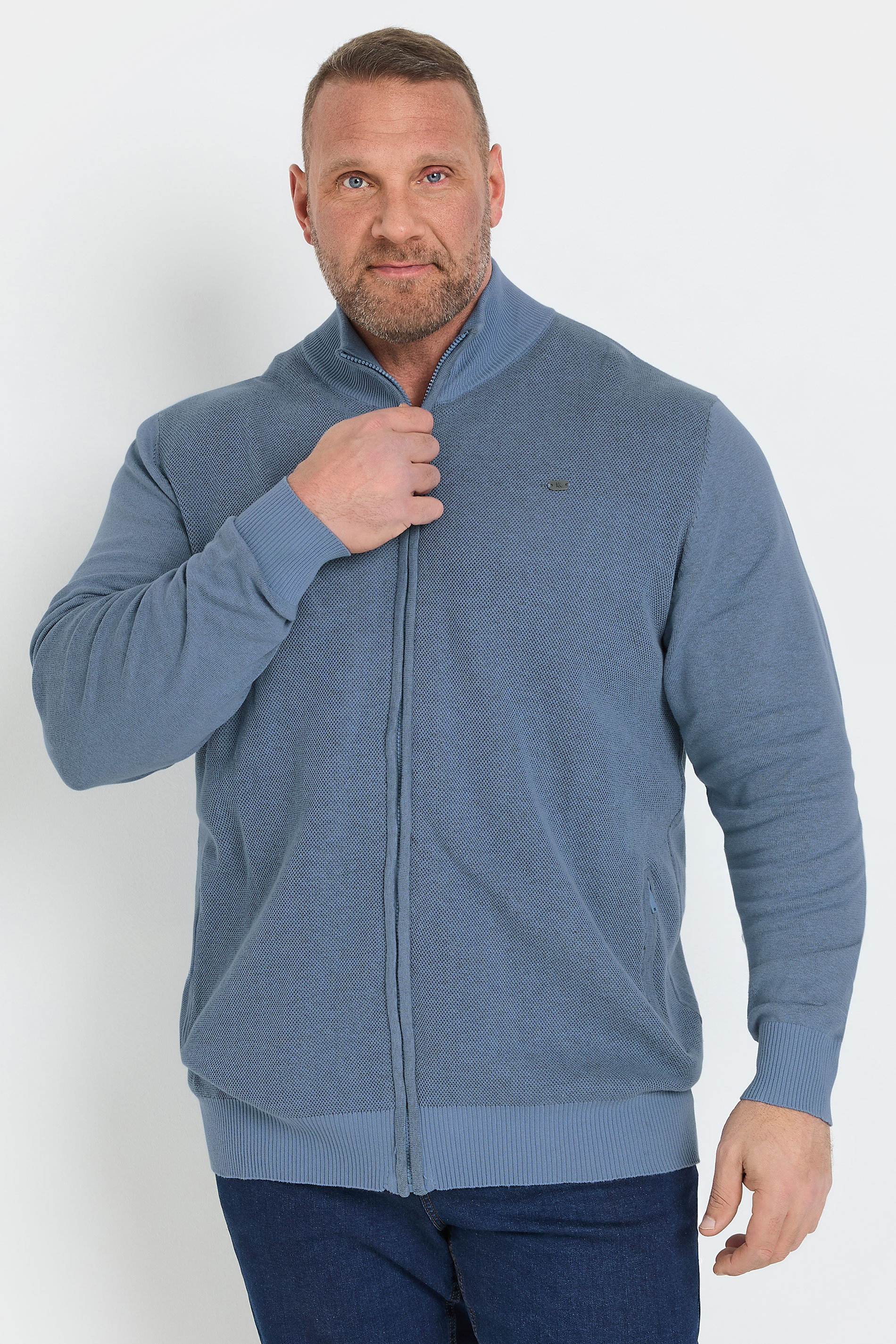 Kam KAM Big & Tall Light Blue Zip Through Knit Jumper