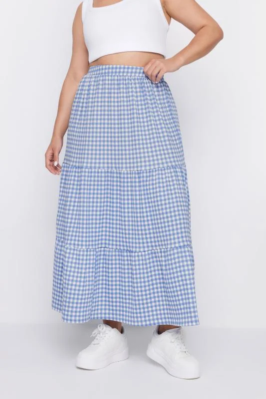 Yours YOURS Curve Blue Gingham Textured Maxi Skirt