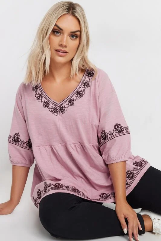 Yours YOURS Curve Pink Embroidered Floral Smock Top