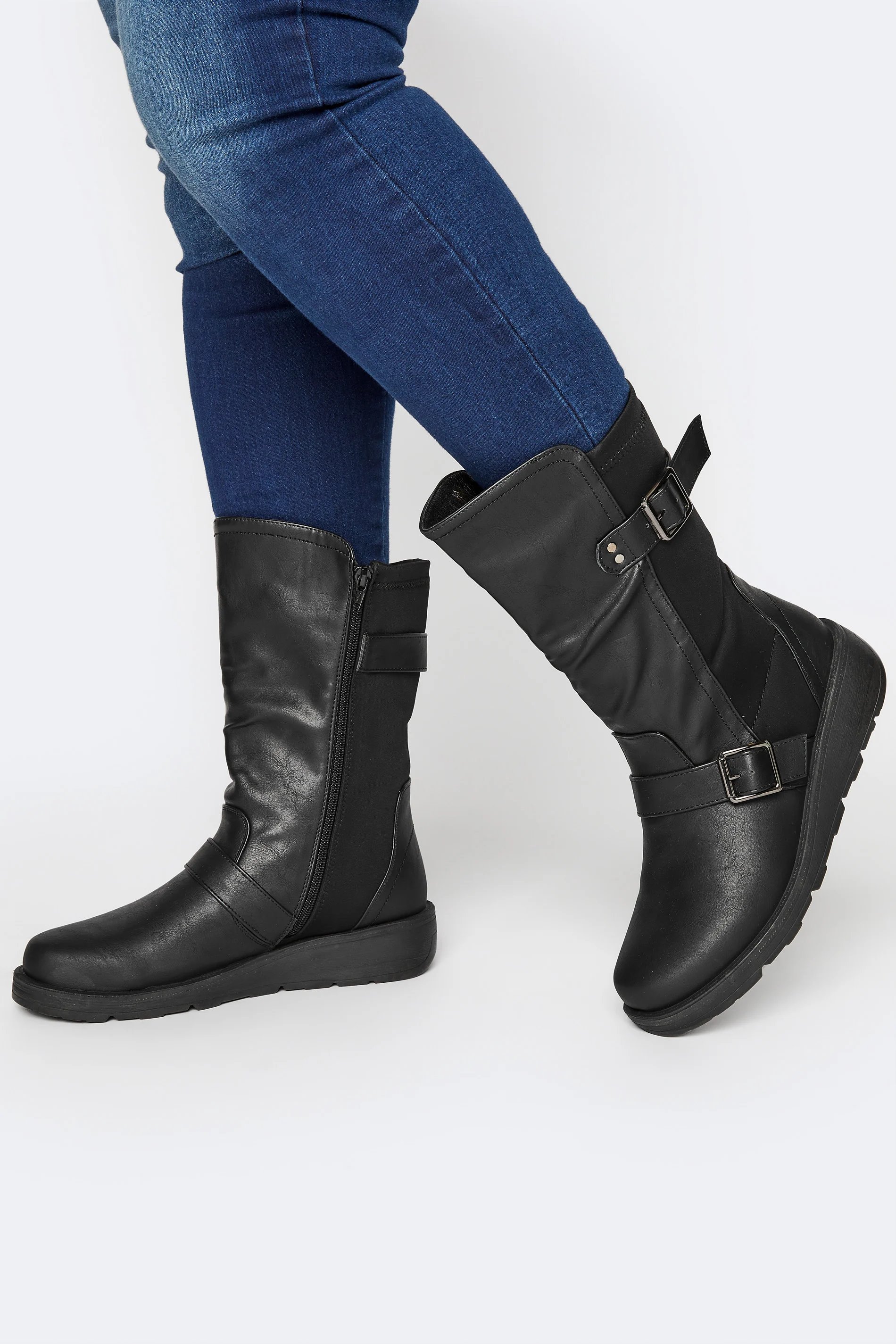 Yours Black Faux Leather Wedge Buckle Boots In Wide E Fit & Extra Wide EEE Fit