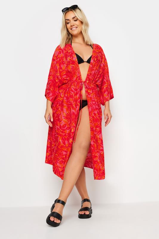 Yours Yours Curve Pink Leaf Print Midi Kimono