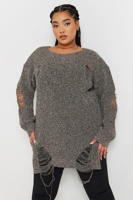 Yours YOURS Curve Brown Distressed Knitted Jumper