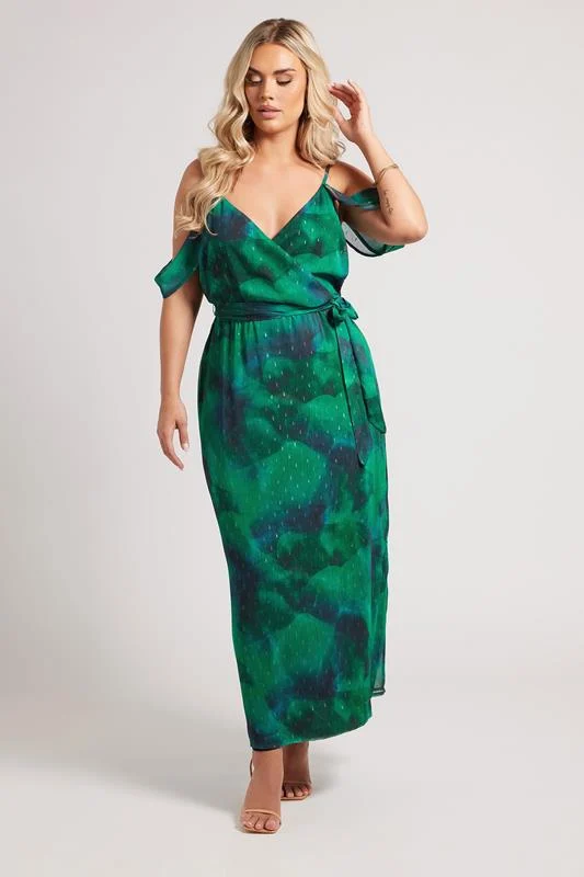 Yours London YOURS LONDON Curve Green Abstract Metallic Cold Shoulder Dress