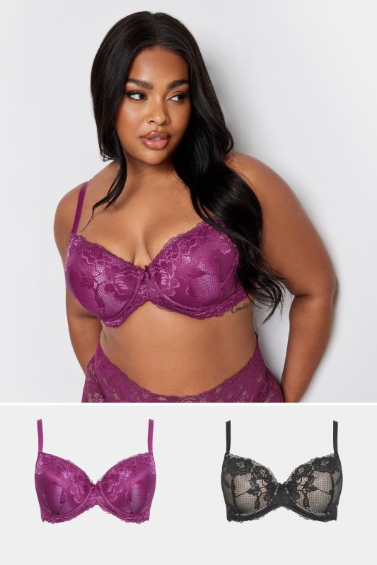 Yours 2 PACK Purple & Black Satin Lace Padded Bras