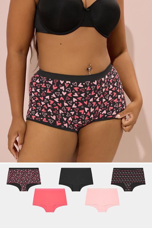 Yours YOURS Curve 5 PACK Black & Pink Heart Print Shorts