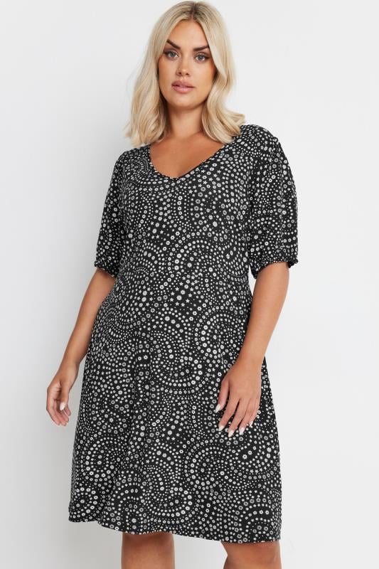 Yours YOURS Curve Black Floral Print Puff Sleeve Dress