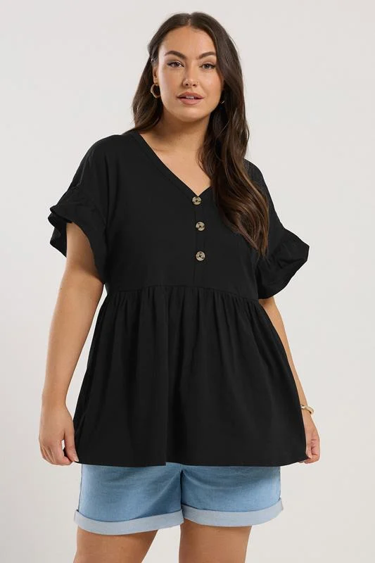 Yours YOURS Curve Black Button Frill Sleeve Peplum Top