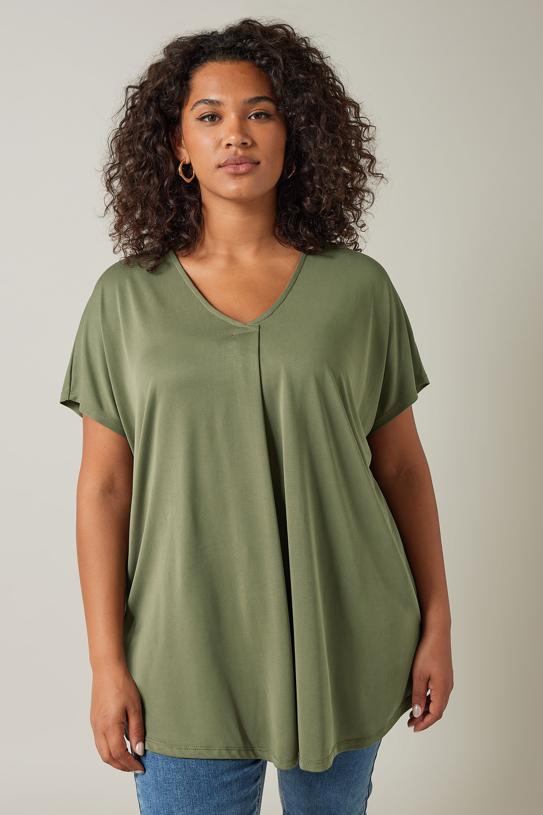 Evans EVANS Curve Khaki Green Pleat Front Modal Rich Top