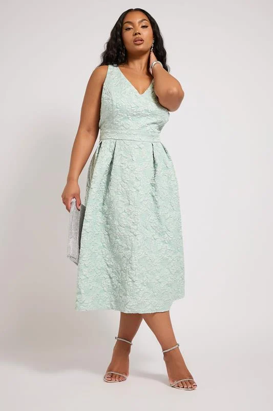 Yours London YOURS LONDON Curve Green Floral Jacquard Prom Skater Dress