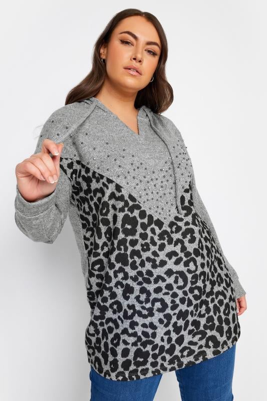 Yours YOURS Curve Grey Leopard Print Stud Hoodie