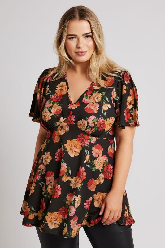 Yours London YOURS LONDON Curve Black Floral Print Angel Sleeve Blouse