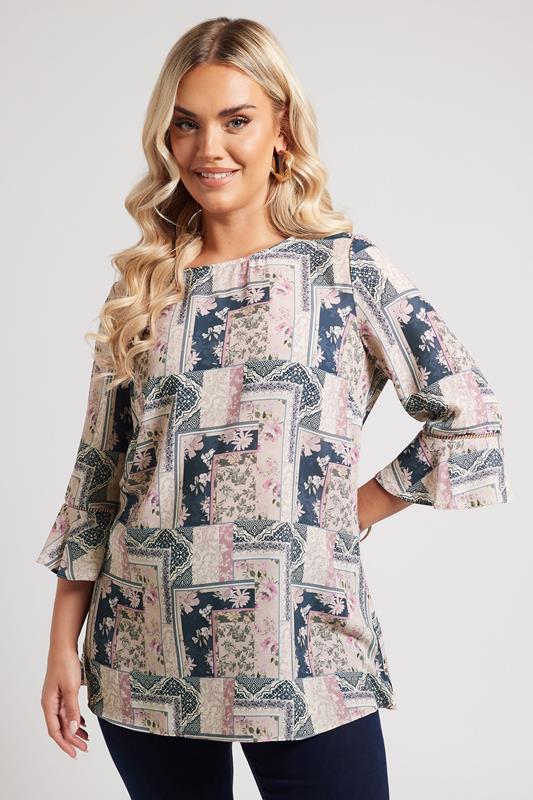 Yours London YOURS LONDON Curve Pink Scarf Print Crochet Trim Blouse