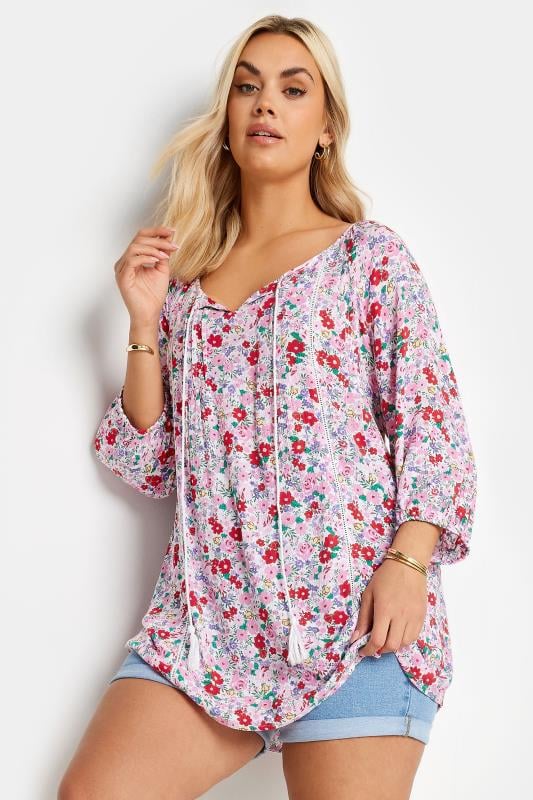 Yours YOURS Curve Pink Floral Print Tie Neck Boho Blouse