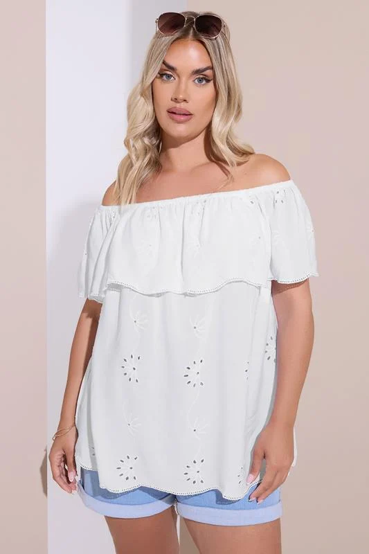 Yours YOURS Curve White Broderie Anglaise Bardot Top